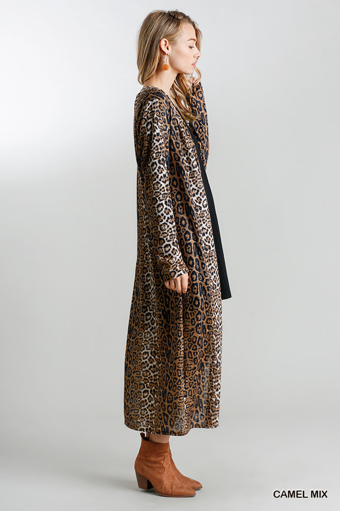 Animal Print Open Front Long Cardigan with Side Slits  Ivy and Pearl Boutique   