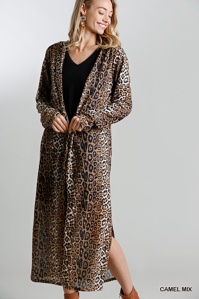 Animal Print Open Front Long Cardigan with Side Slits  Ivy and Pearl Boutique Carmel S 