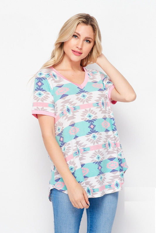 Aztec Mint Pink V-Neck Top  Ivy and Pearl Boutique S