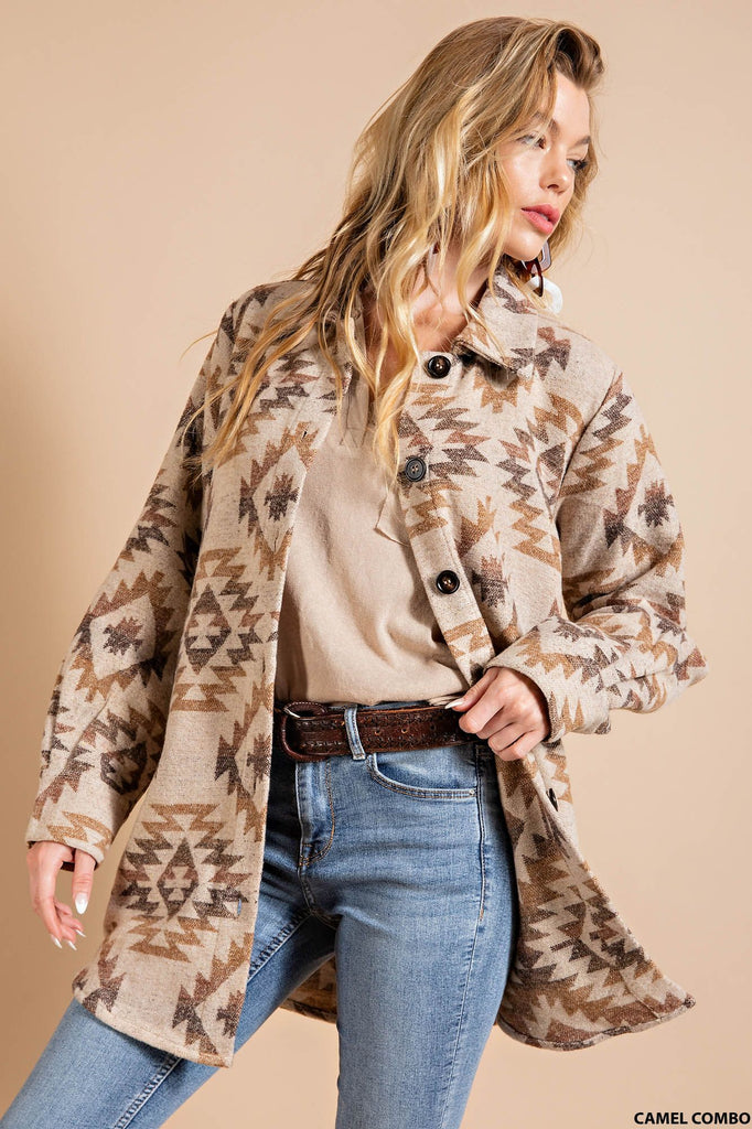 Aztec Boho Tribal Vintabe Button Down Shacket  Ivy and Pearl Boutique Carmel S 