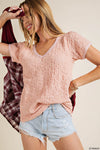 Soft knit bubble texture fabric ribbed V-Neck and sleeve edge top Blouse Kori   