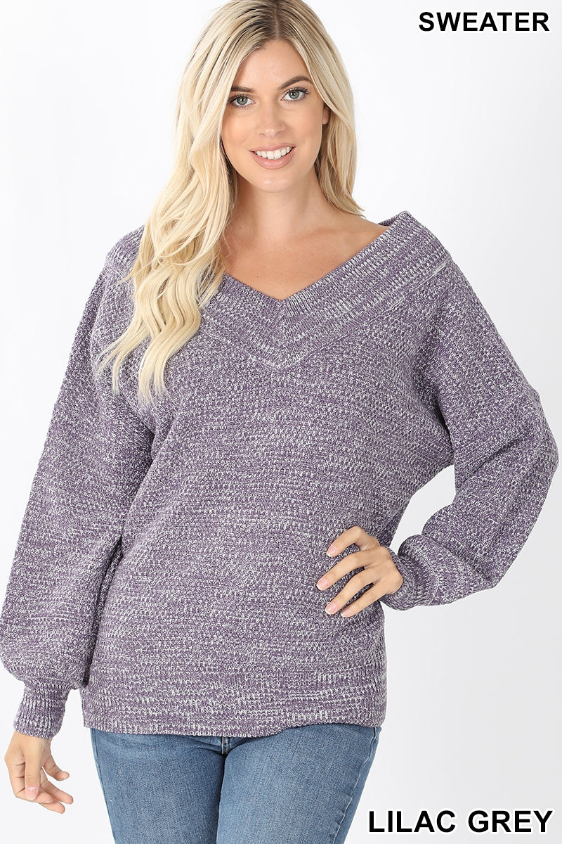 Balloon sleeve double V-neck sweater  Ivy and Pearl Boutique Lilac Gray S 