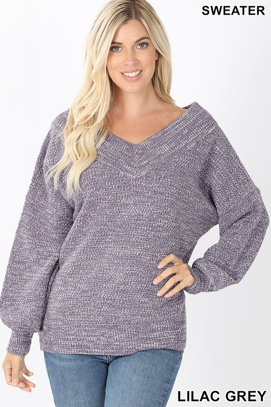 Balloon sleeve double V-neck sweater  Ivy and Pearl Boutique Lilac Gray S