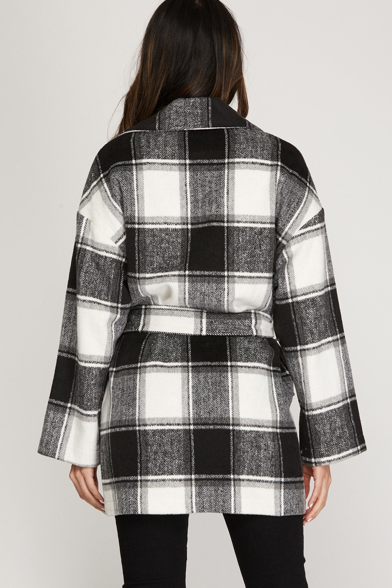 Belted brushed checkered coat with pockets  Ivy and Pearl Boutique   