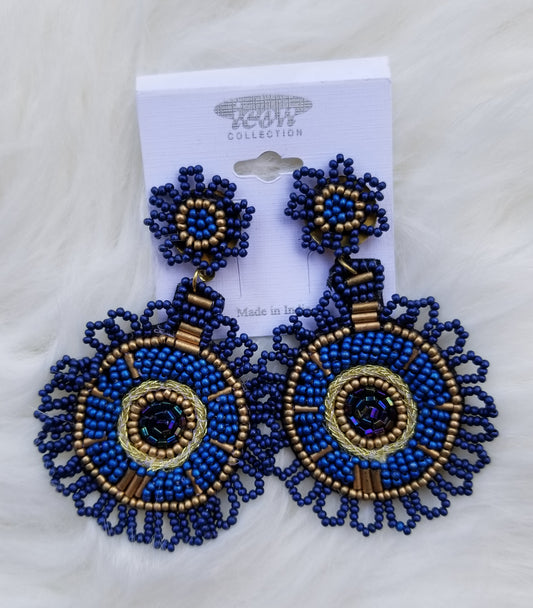 Blue decorative circle beaded statement earrings  Ivy and Pearl Boutique   