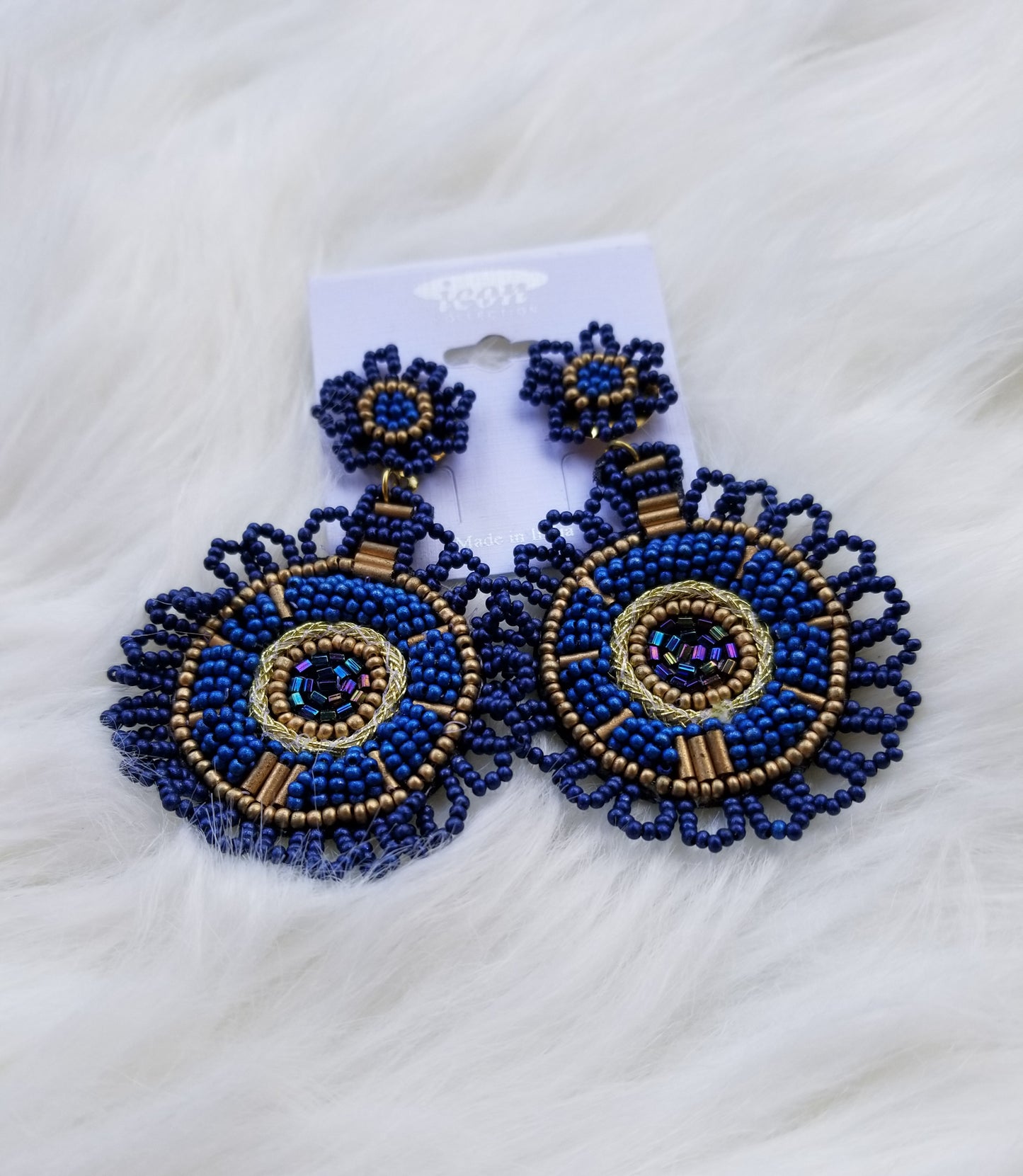 Blue decorative circle beaded statement earrings  Ivy and Pearl Boutique   