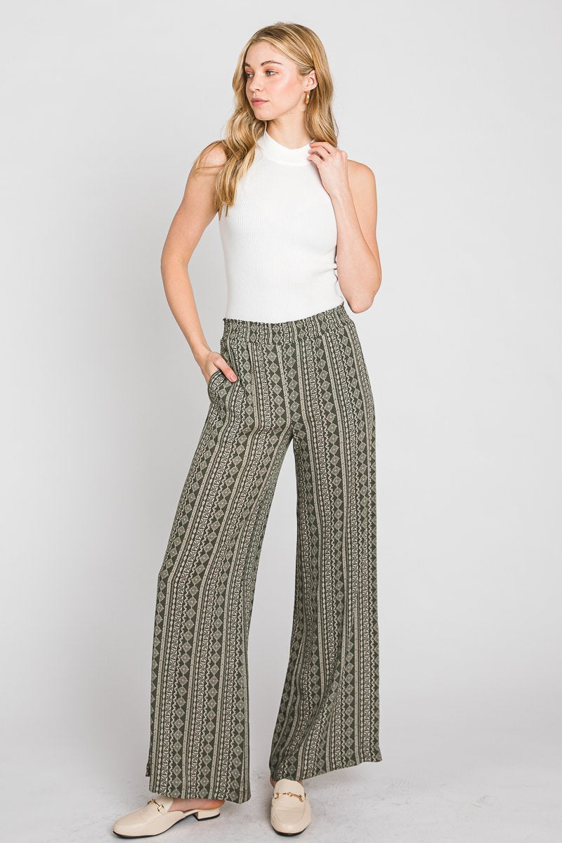 Boho print wide leg pants with elastic waistband  Ivy and Pearl Boutique Olive M 