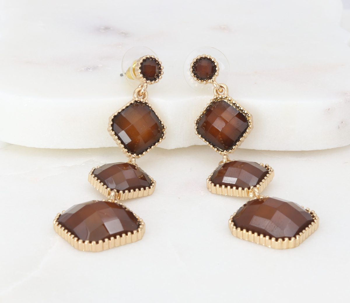 Brown stone quad-element earrings with beaded-gold outline  Ivy and Pearl Boutique   
