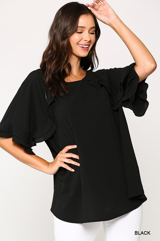 Bubble Crepe Ruffle Detail Top with Back Keyhole  Ivy and Pearl Boutique Black S 