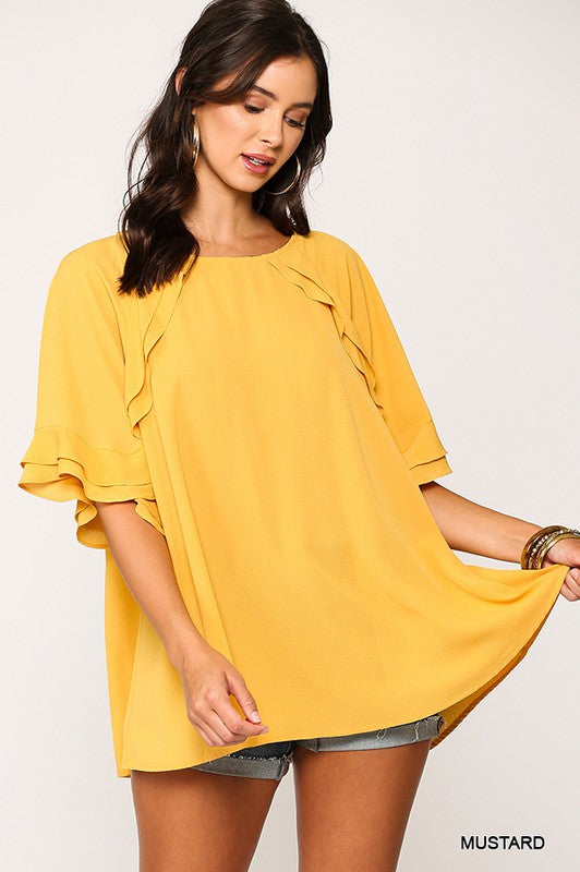 Bubble Crepe Ruffle Detail Top with Back Keyhole  Ivy and Pearl Boutique Mustard Yellow S 