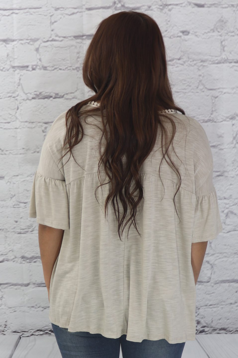Delicate casual ruffle tunic with lace detail and half dolman sleeve  Ivy and Pearl Boutique   