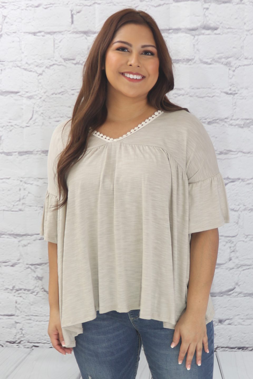 Delicate casual ruffle tunic with lace detail and half dolman sleeve  Ivy and Pearl Boutique   