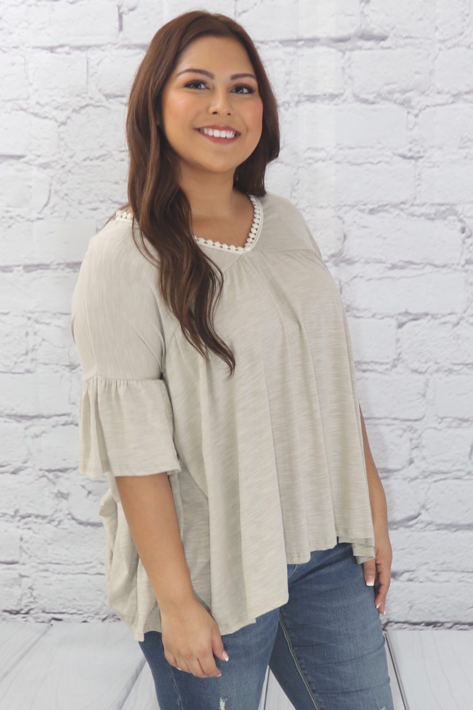 Delicate casual ruffle tunic with lace detail and half dolman sleeve  Ivy and Pearl Boutique   