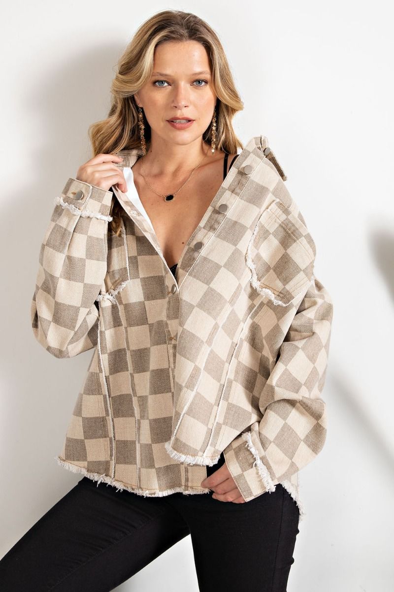 Checkerboard print washed twill jacket with front patch pockets  Ivy and Pearl Boutique Khaki S 