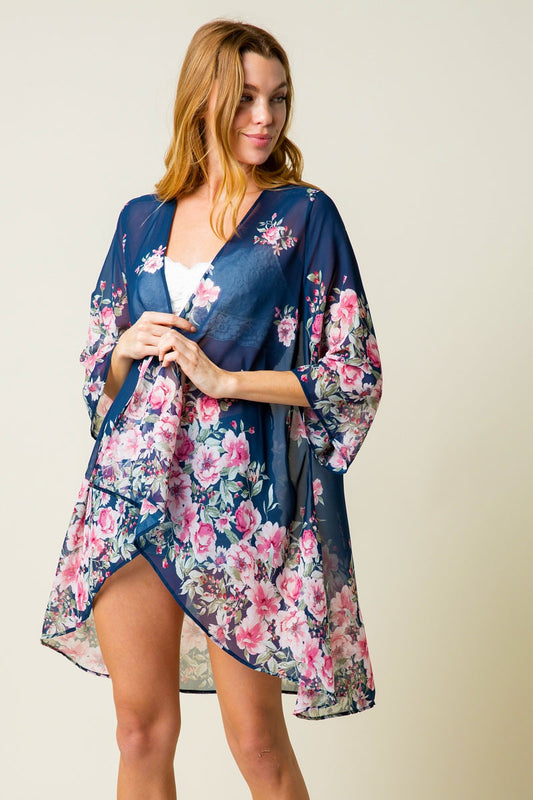 Chiffon open cardigan kimono with all-over floral print  Ivy and Pearl Boutique Navy S 