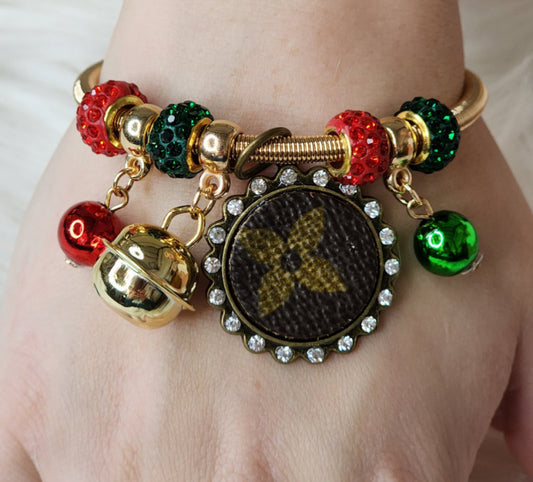 Christmas colors crystal, bells, balls, and cubic zirconia decorated vinyl pendant bracelet (silver or gold)  Ivy and Pearl Boutique Gold  