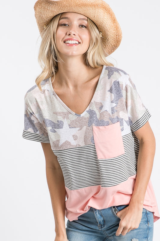 Color block pocket top with stars  Ivy and Pearl Boutique Pink S