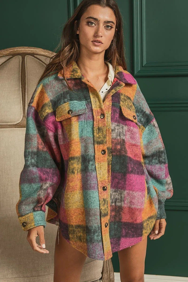 Colorful loose fit buttoned down check shirt jacket  Ivy and Pearl Boutique   