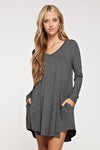 Comfy V-neck long sleeve solid dress with side pockets  Ivy and Pearl Boutique Charcoal S 
