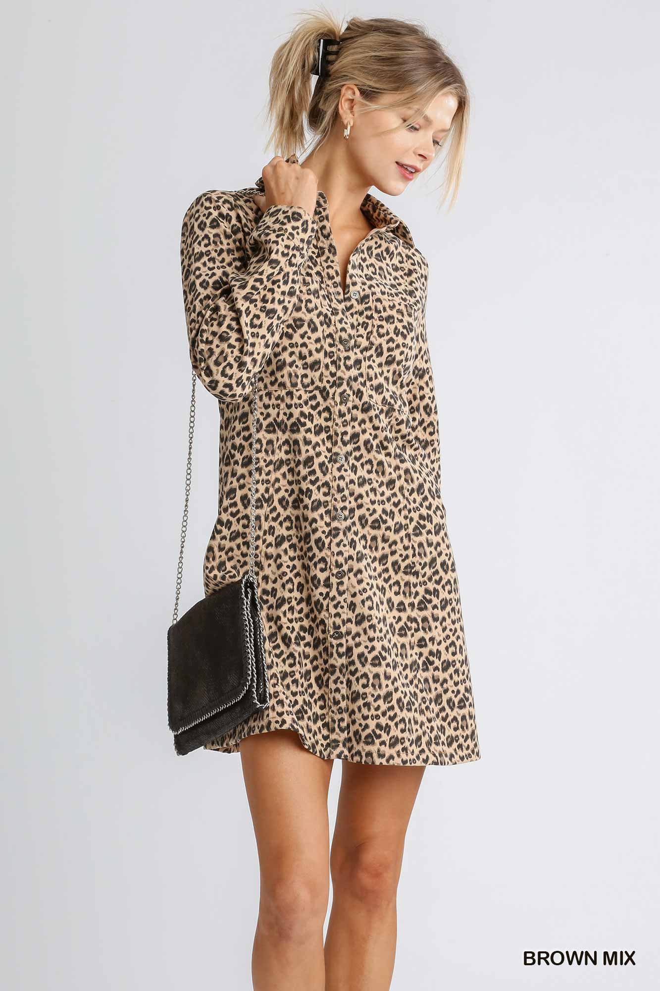 Corduroy Animal Print Collar Button Down Shirt Dress with Chest Pockets  Ivy and Pearl Boutique   