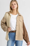 Corduroy Colorblock Collared Button Down Jacket with Chest Pocket and High Low Raw Hem  Ivy and Pearl Boutique Stone S 