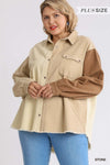 Corduroy Colorblock Collared Button Down Jacket with Chest Pocket and High Low Raw Hem  Ivy and Pearl Boutique   
