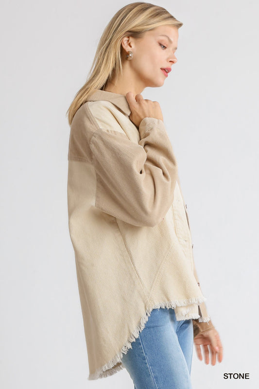 Corduroy Colorblock Collared Button Down Jacket with Chest Pocket and High Low Raw Hem  Ivy and Pearl Boutique   