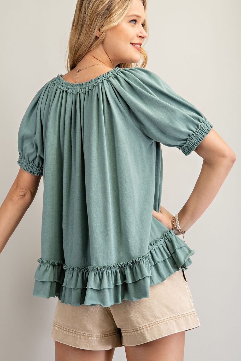 Cotton slub button-down top with double ruffle front  Ivy and Pearl Boutique   