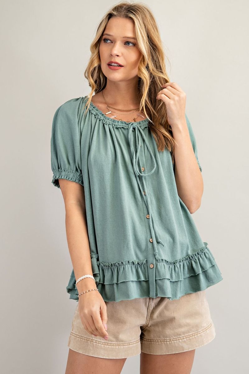 Cotton slub button-down top with double ruffle front  Ivy and Pearl Boutique Sage S 