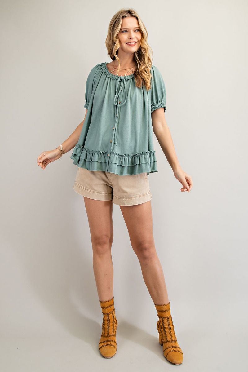 Cotton slub button-down top with double ruffle front  Ivy and Pearl Boutique   