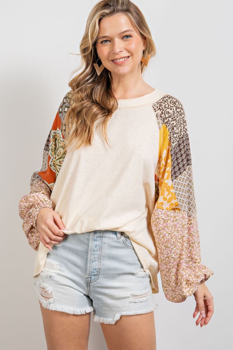Cotton slub loose fit top with print contrast sleeves  Ivy and Pearl Boutique Cream M 
