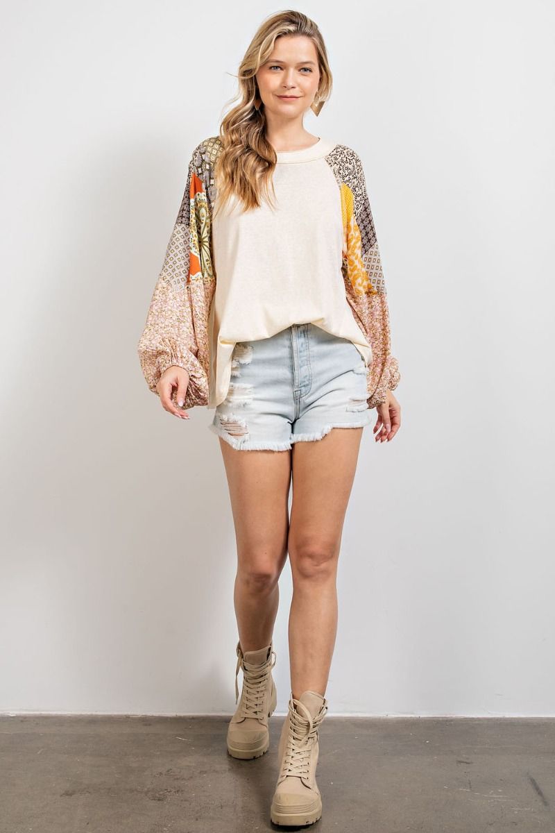 Cotton slub loose fit top with print contrast sleeves  Ivy and Pearl Boutique   