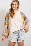 Cotton slub loose fit top with print contrast sleeves  Ivy and Pearl Boutique   