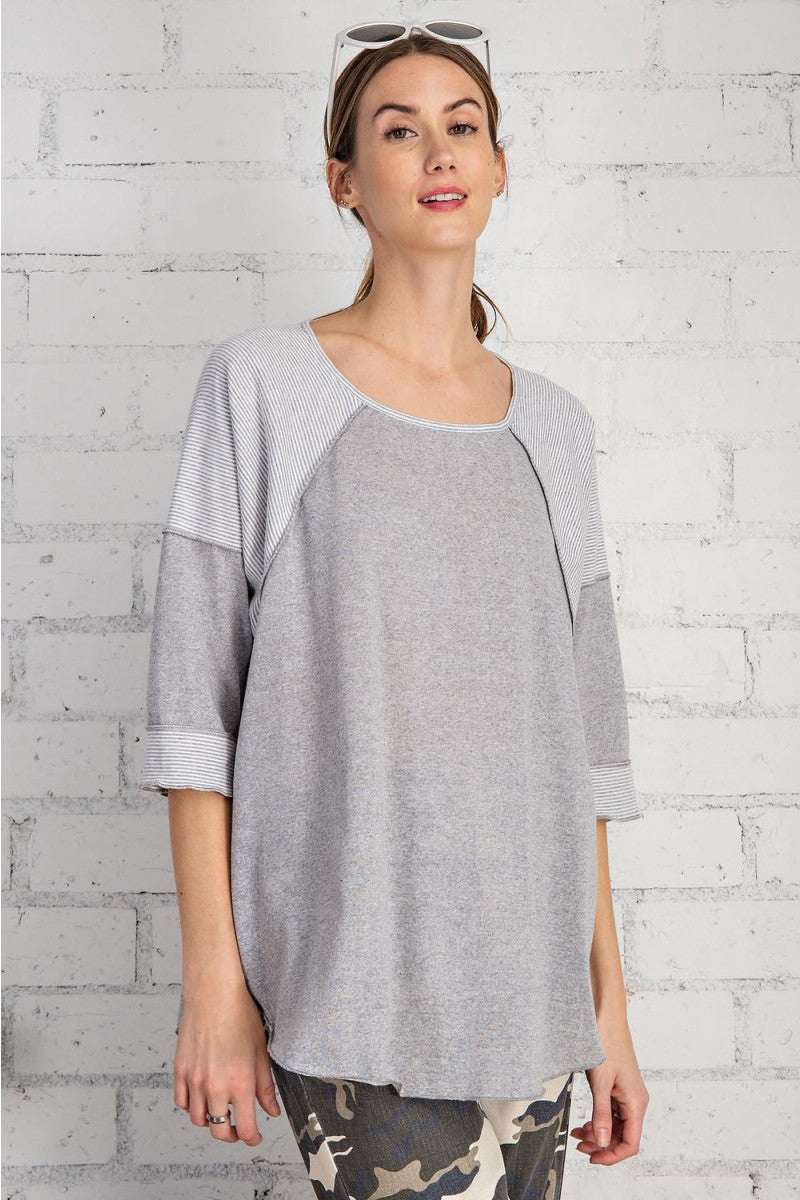 Ultra soft and lightweight cotton/span mix stripe contrast loose fit top  Ivy and Pearl Boutique Heather Gray XL 
