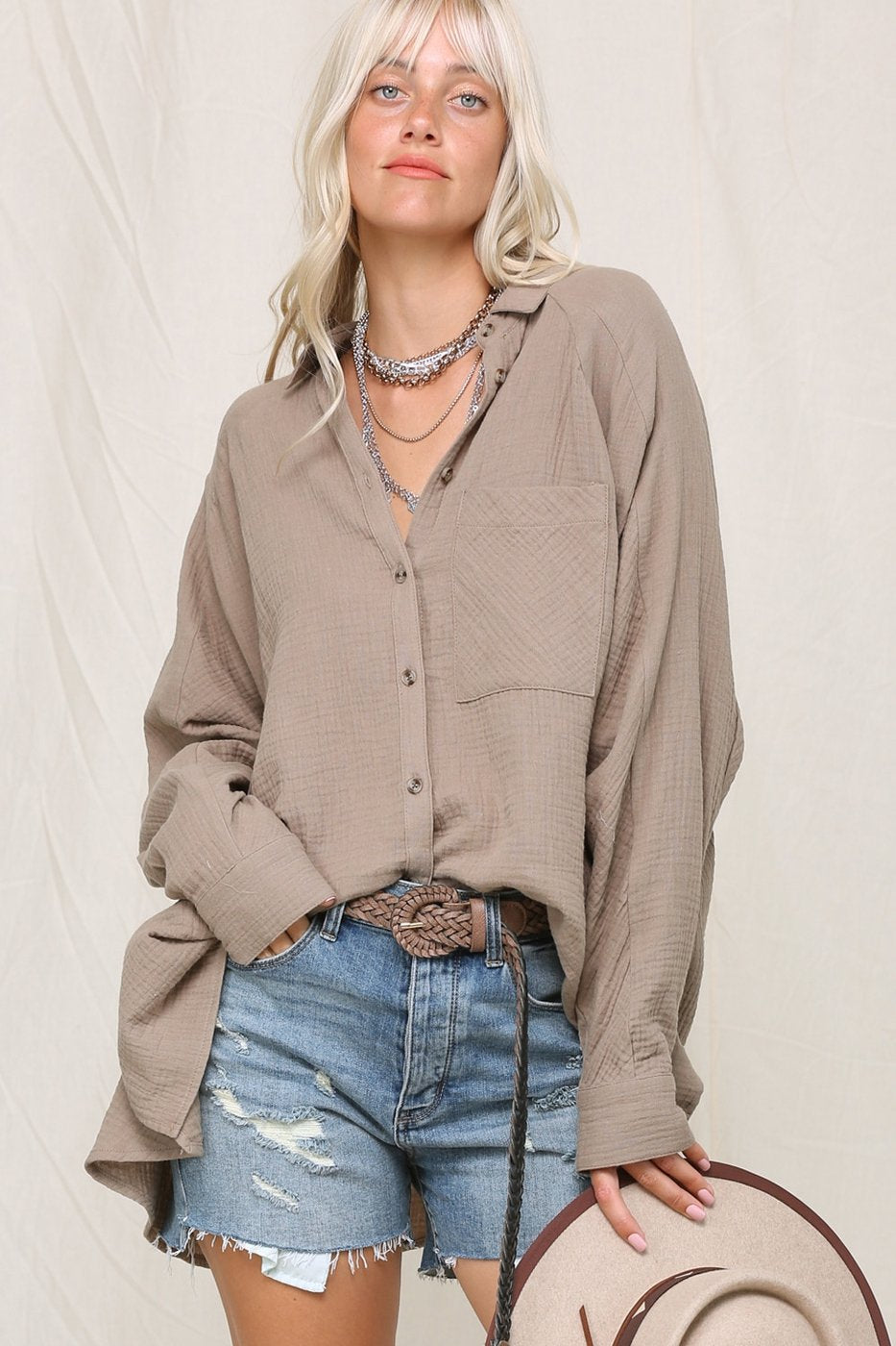 Crinkly lightweight button down oversized silhouette shirt with single pocket  Ivy and Pearl Boutique Taupe S 