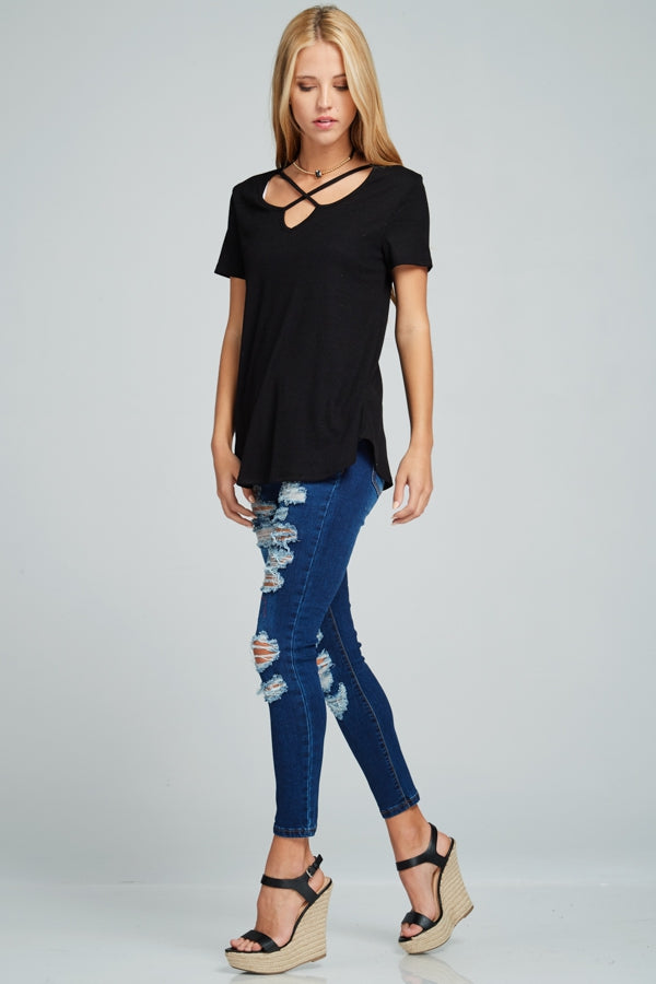 Criss-cross front V-neck ribbed short-sleeve top