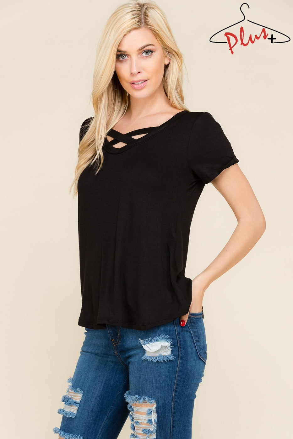 Short sleeve crisscross solid top  Ivy and Pearl Boutique Black 3XL 