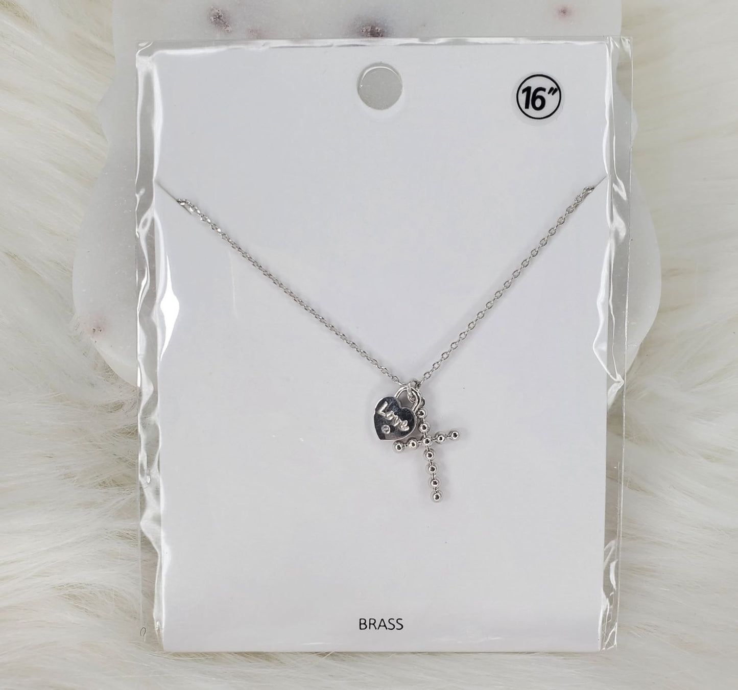 Cross with Love Charm 16-inch brass necklace  Ivy and Pearl Boutique Silver  