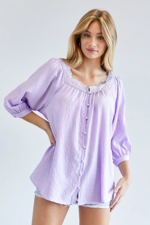 Solid button down 3/4 sleeve with Pentagon neck loose top  Ivy and Pearl Boutique Lavender L 