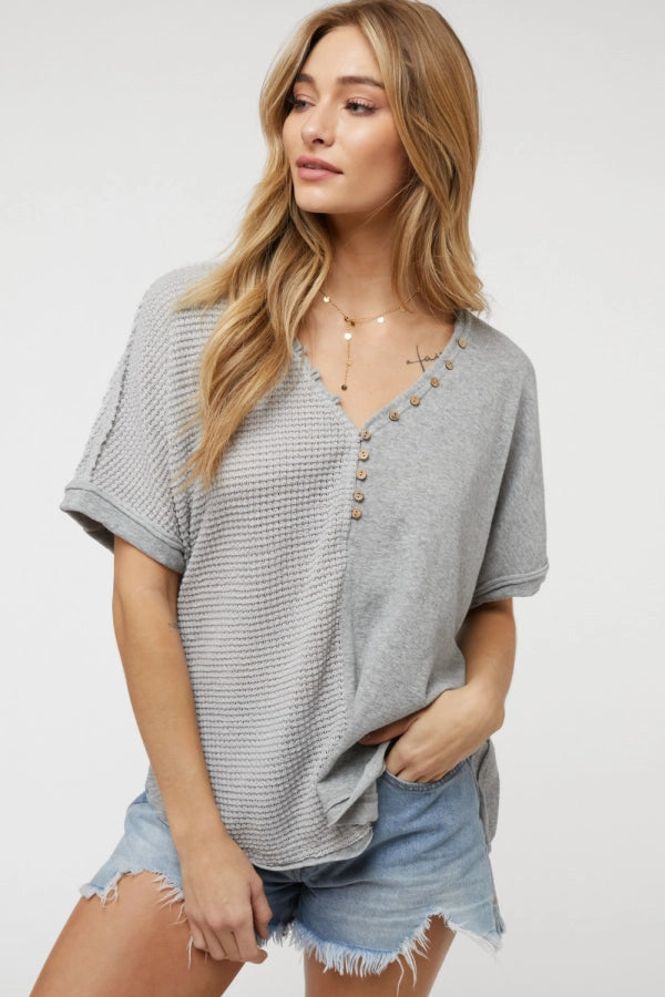Solid V-neck short sleeve button down top  Ivy and Pearl Boutique Heather Gray S 