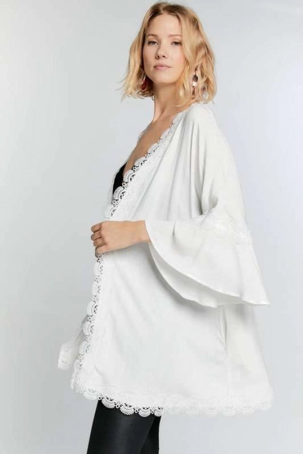 Solid with lace trim 3/4 sleeve open front kimono cardigan  Ivy and Pearl Boutique   