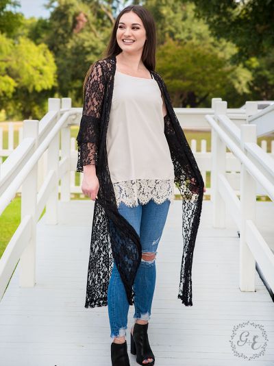 Delicate sheer lace duster  Ivy and Pearl Boutique Black XL/2XL