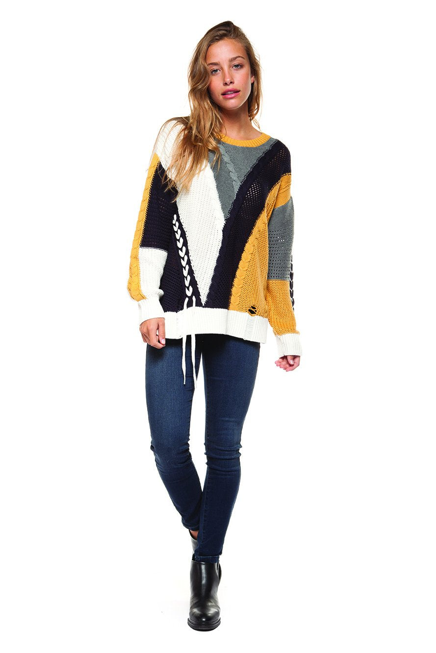 Long sleeve color block cable knit sweater with lace-up trim  Ivy and Pearl Boutique   
