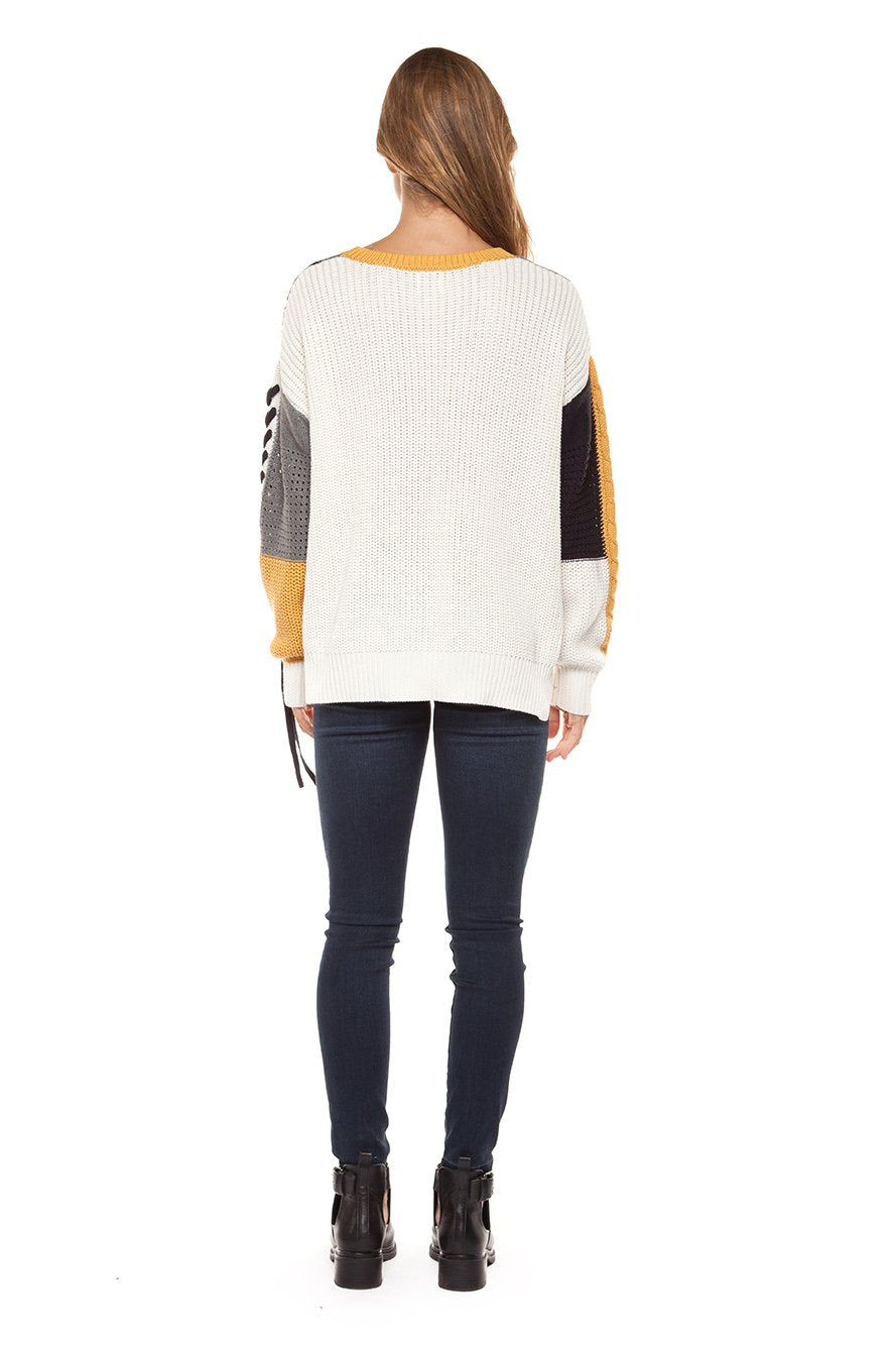 Long sleeve color block cable knit sweater with lace-up trim  Ivy and Pearl Boutique   