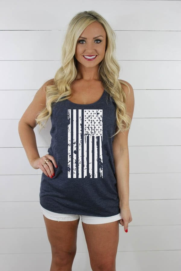 Distressed-Flag triblend racerback tank top