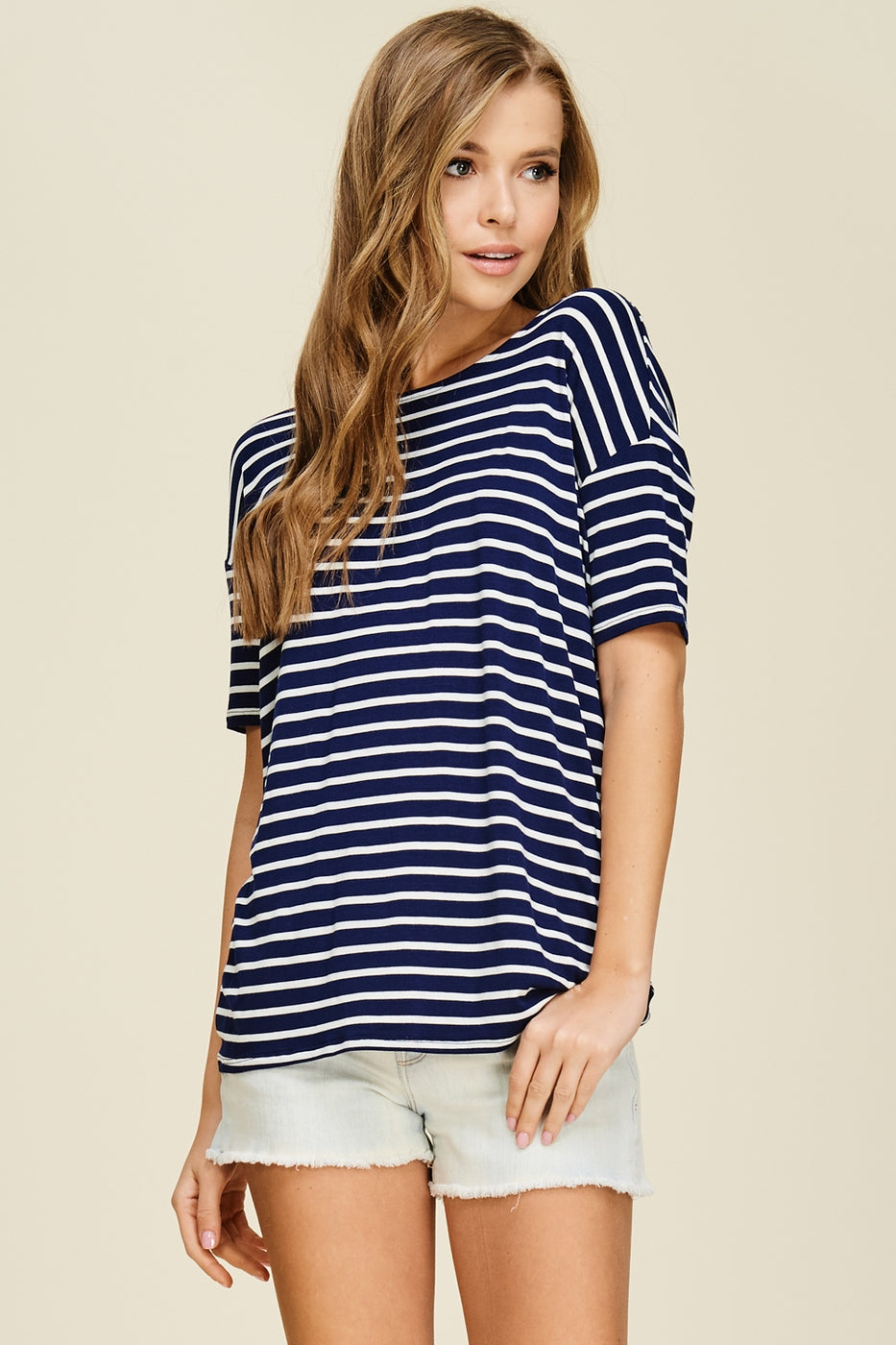 Dolman sleeve striped knit top with round neck and gathered twist back  Ivy and Pearl Boutique   