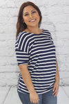 Dolman sleeve striped knit top with round neck and gathered twist back  Ivy and Pearl Boutique   