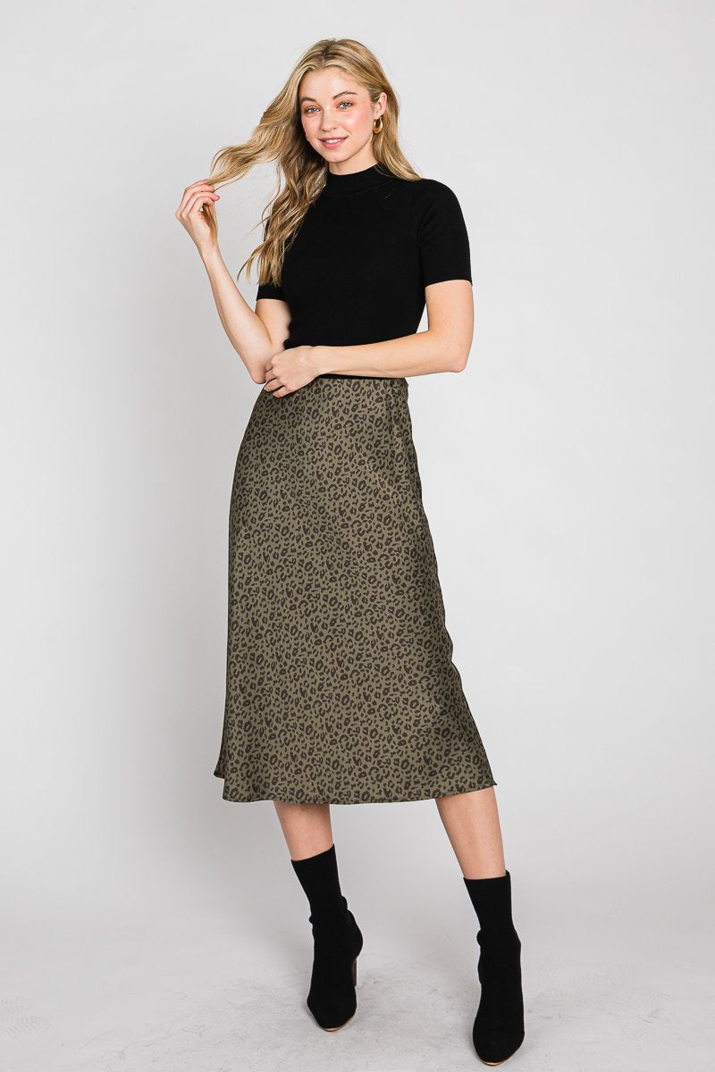 Dotty Leopard Print Tea Length Silk Satin Skirt  Ivy and Pearl Boutique Olive S 
