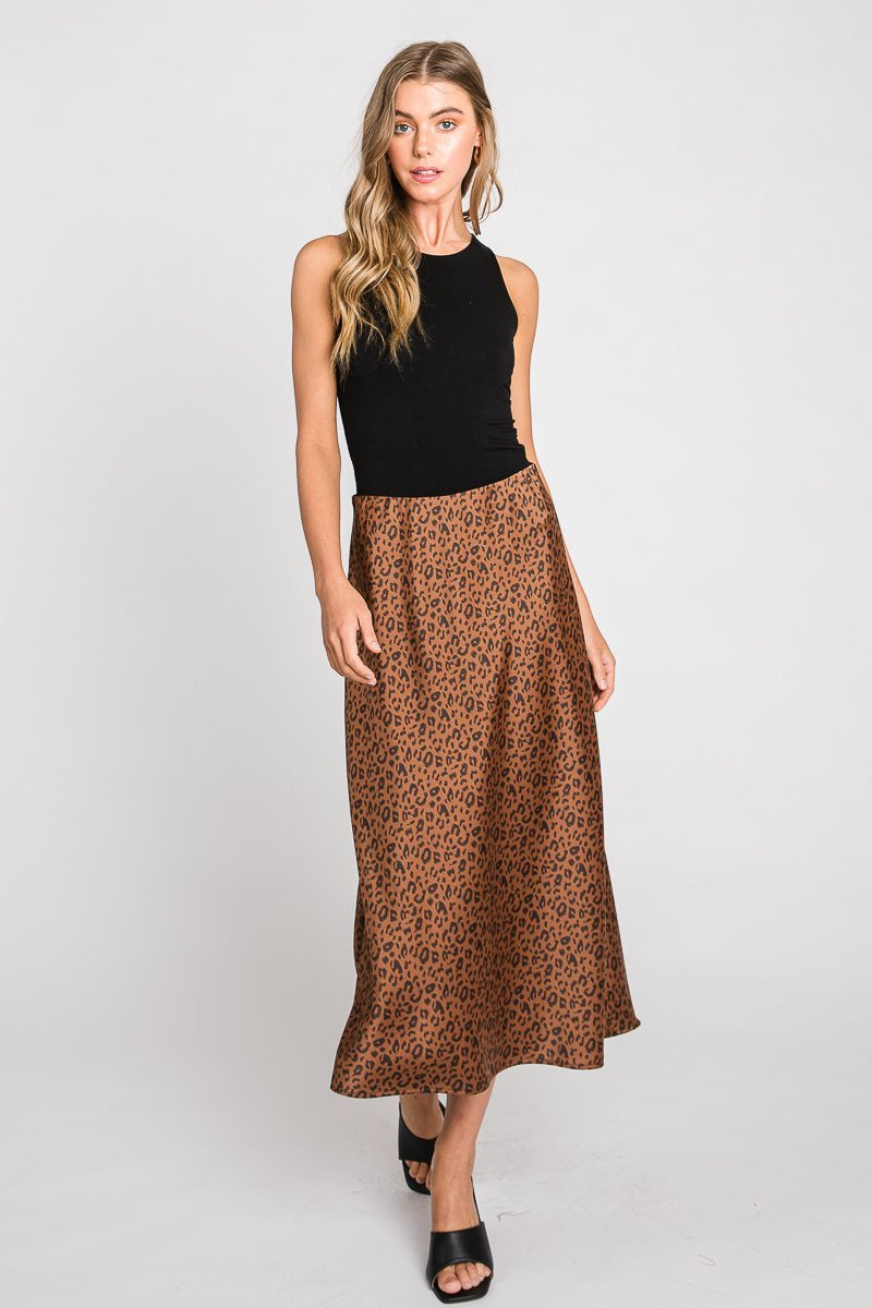 Dotty Leopard Print Tea Length Silk Satin Skirt  Ivy and Pearl Boutique Toffee S 