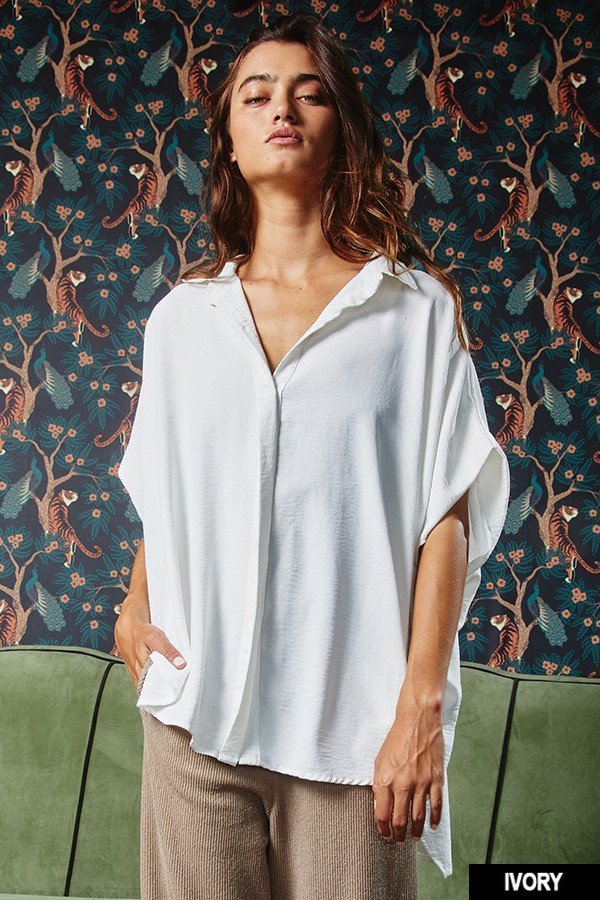 Drapey dolman sleeve high low button up oversized blouse  Ivy and Pearl Boutique Ivory S 